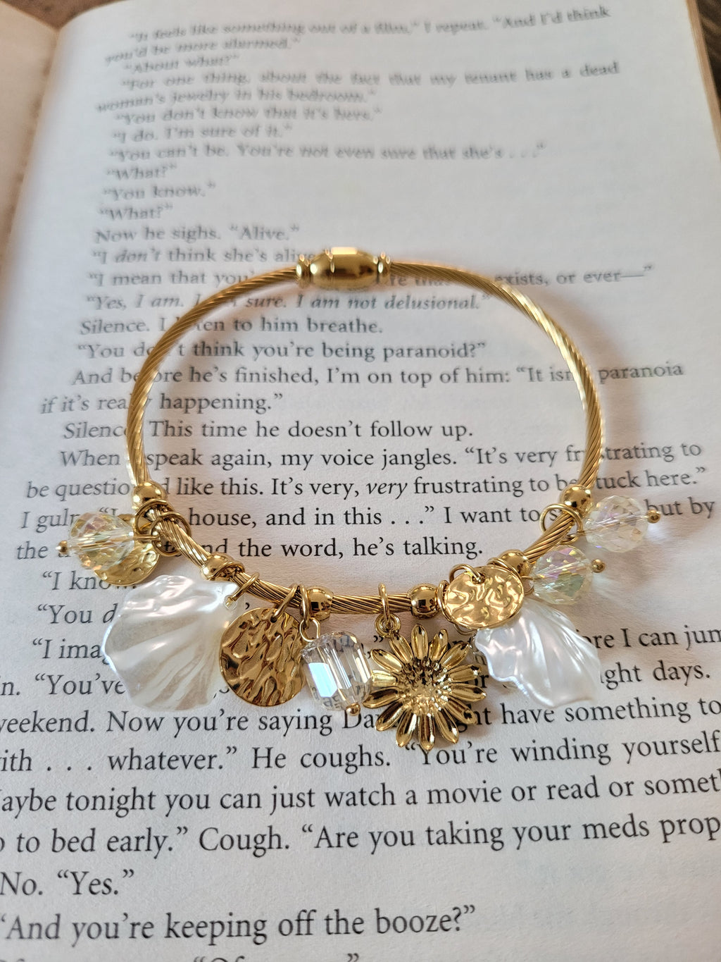 Gold Plated Floral Charm Bead Bangle