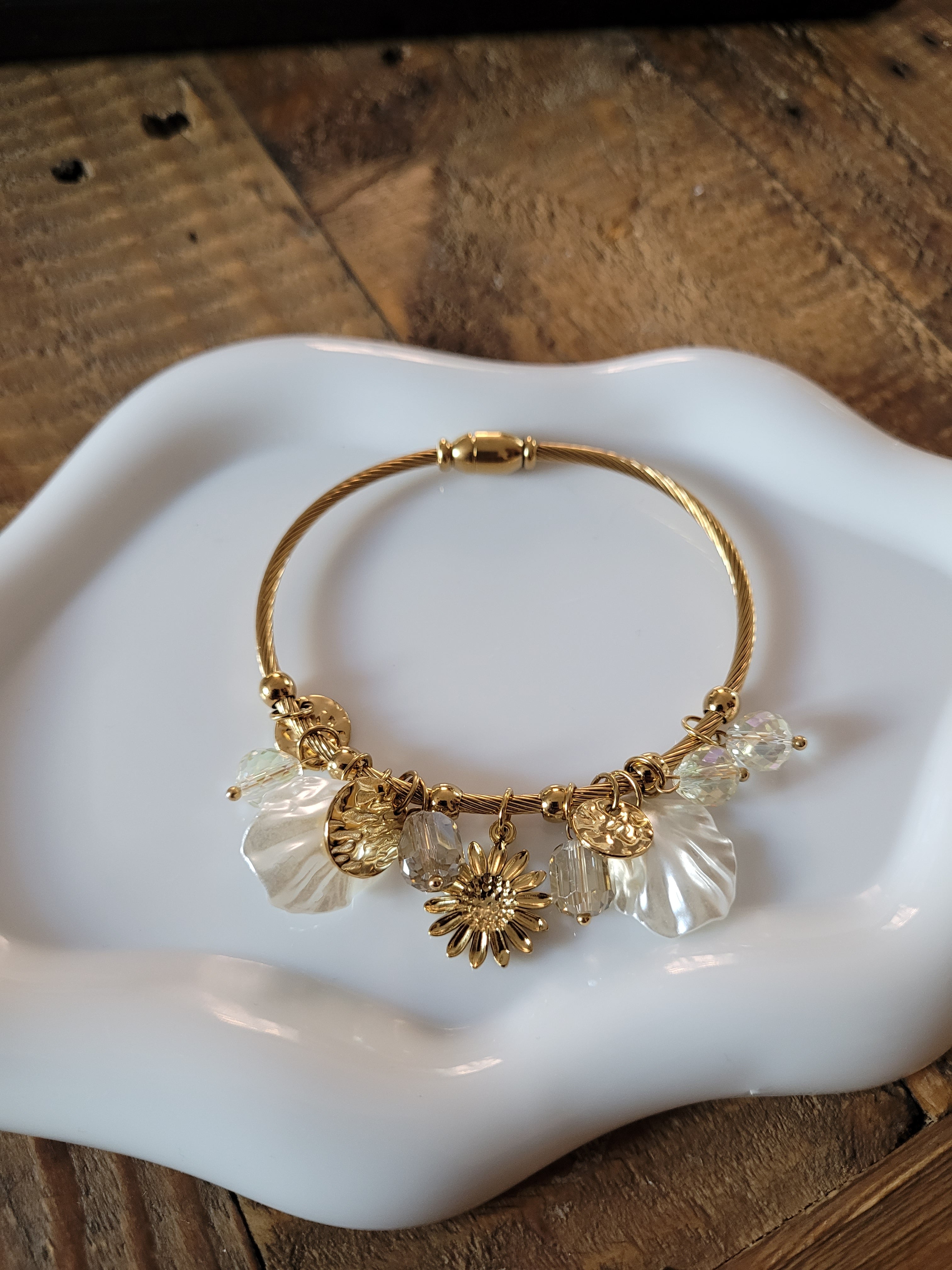 Gold Plated Floral Charm Bead Bangle