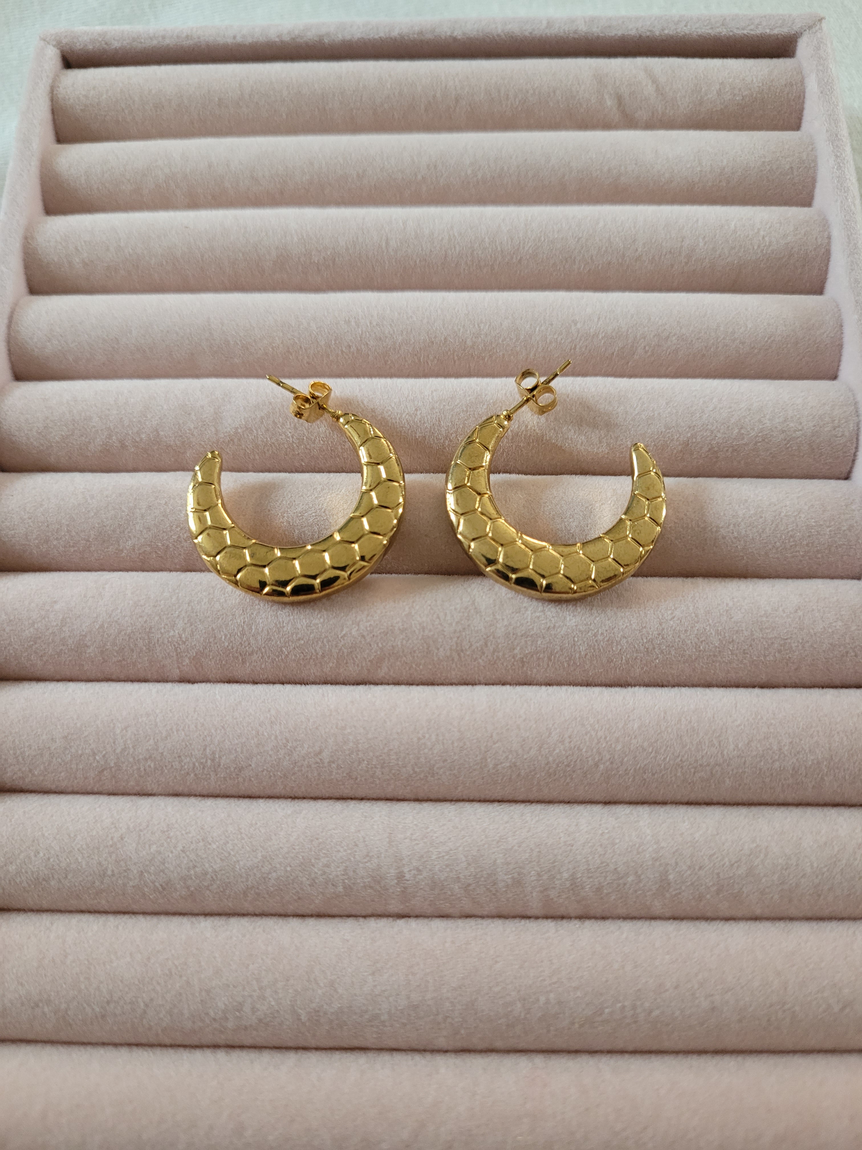 Gold Plated Textured Crescent Hoop Earrings