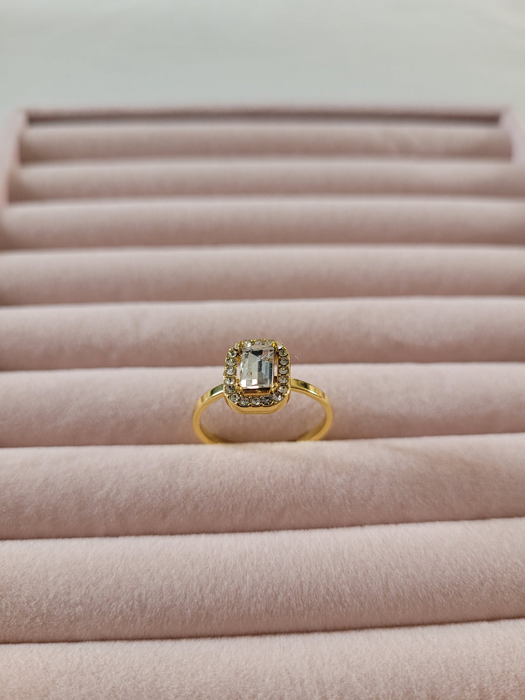 Gold Plated Emerald‑Cut Halo Crystal Ring