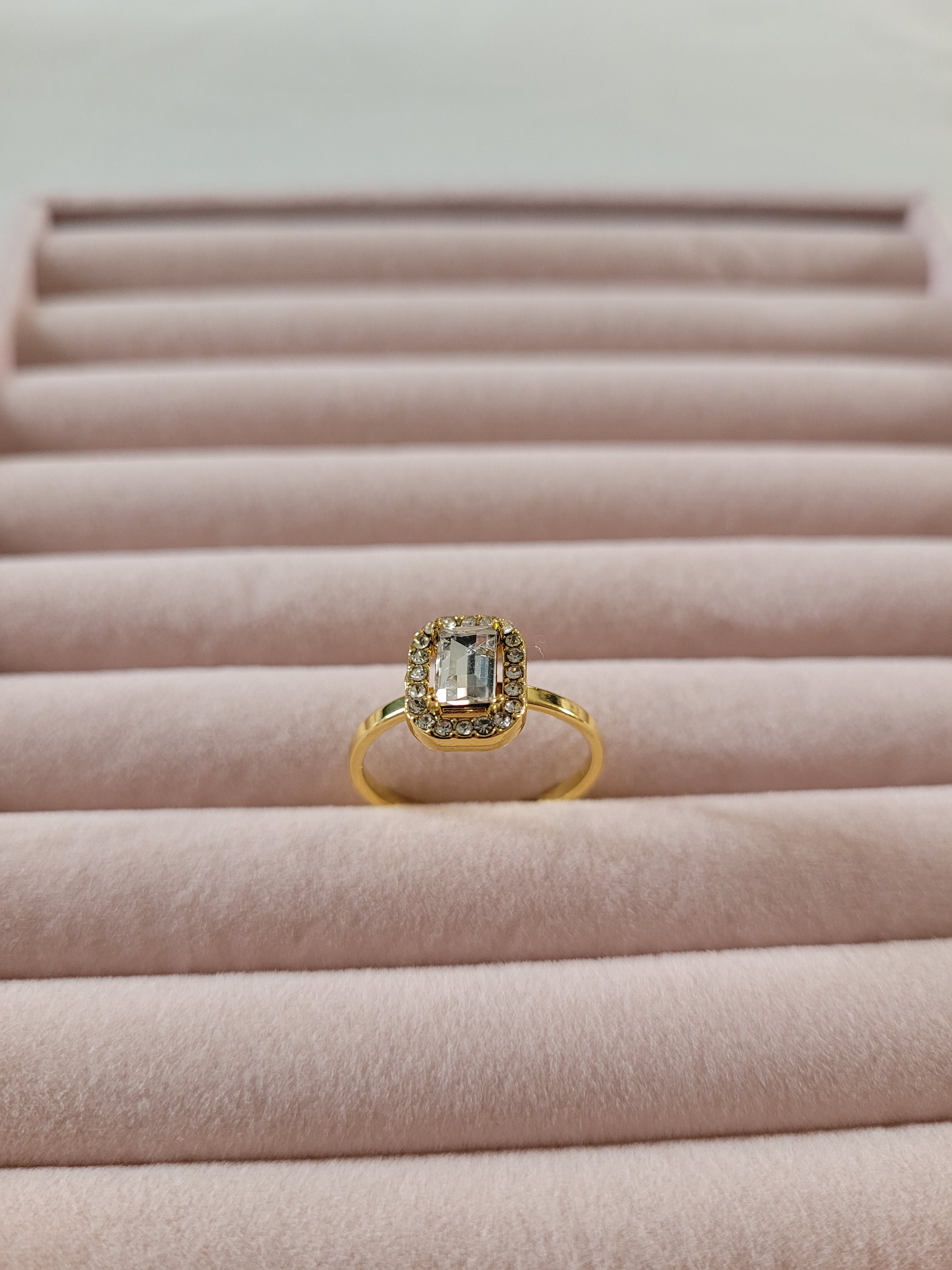 Gold Plated Emerald‑Cut Halo Crystal Ring