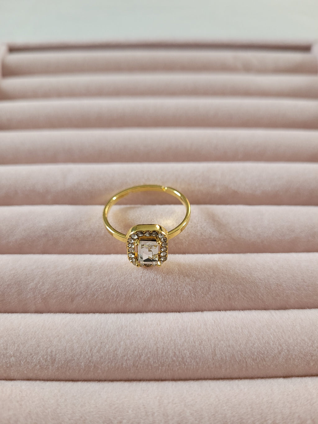 Gold Plated Emerald‑Cut Halo Crystal Ring