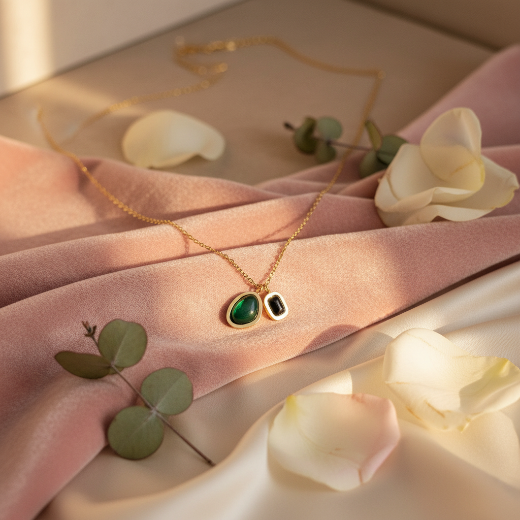 Luna Green Duo Necklace in elegant setting